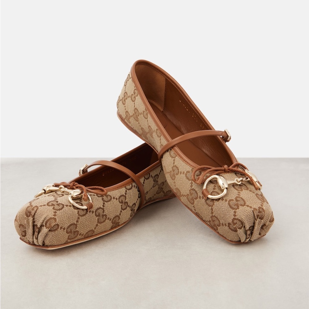 Gucci Beige Brown GG Canvas Horsebit Ballet Flats